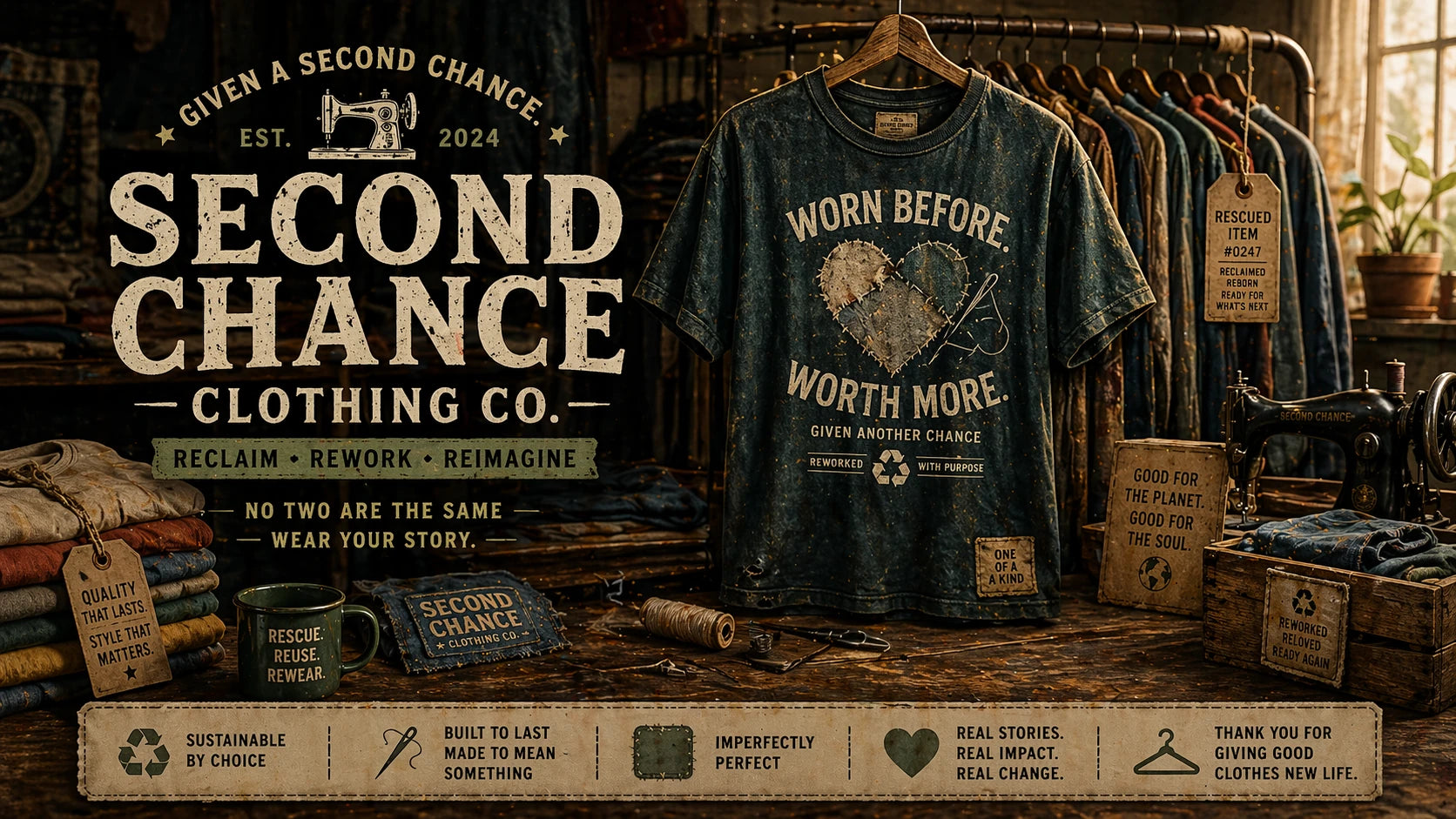 Second Chance Clothing Co. t-shirts on display with branding and sustainability messages.